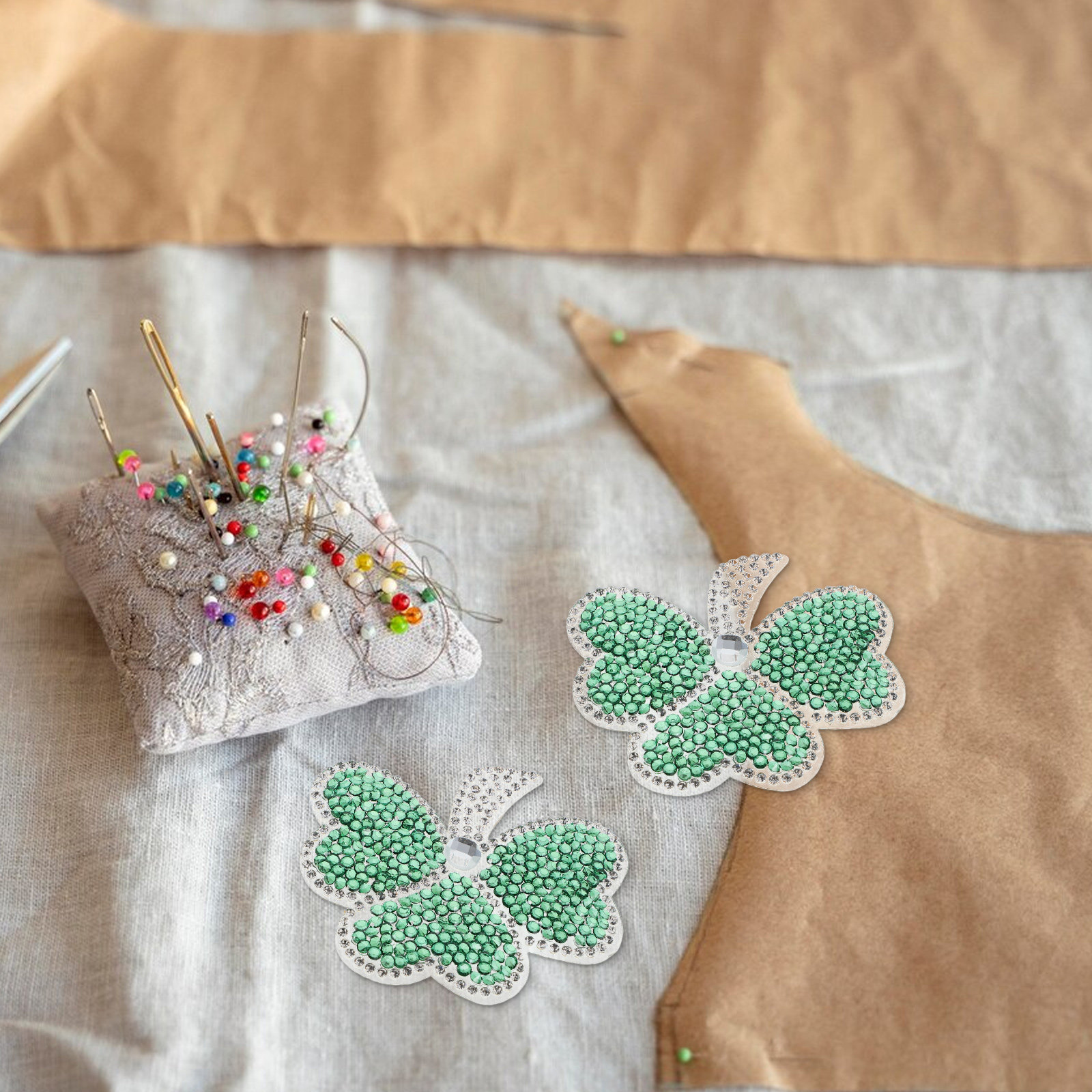 Sew On Rhinestone - 5Pcs Green Lucky Leaf Patches Bling