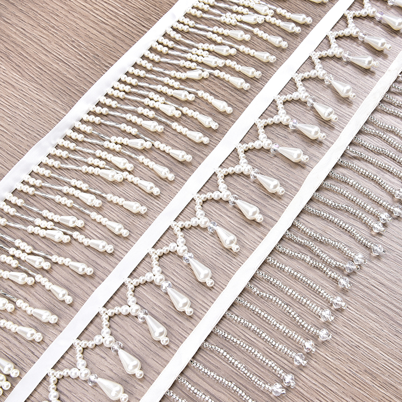 Pearl Trim Chain - White Sewing Beaded Chain Lace Tassel