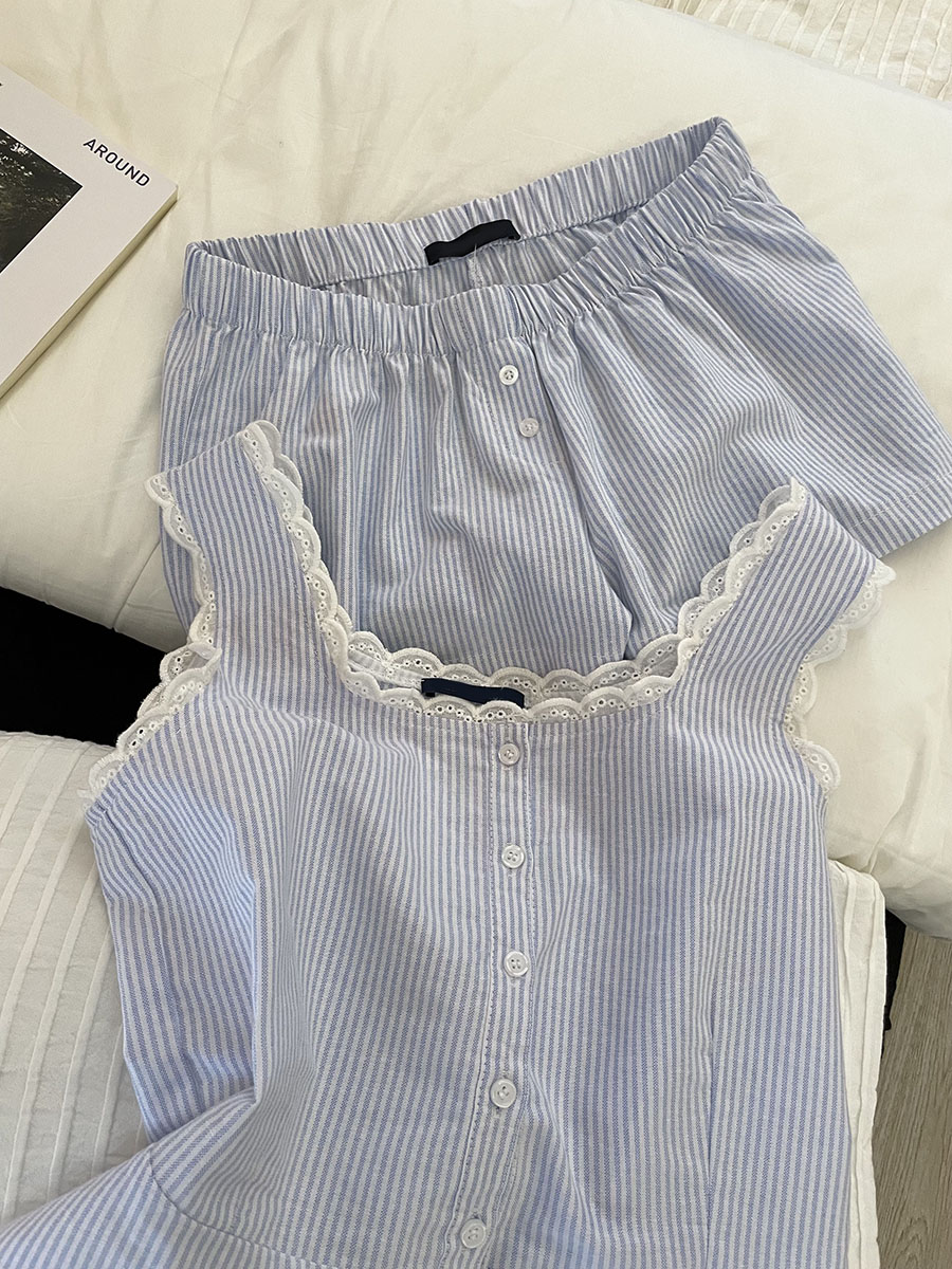 Blue Striped Shorts 2 Piece Se - Elastic Lace Trim ulasan dan harga