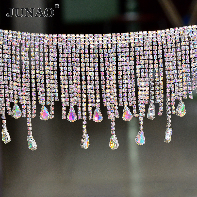 JUNAO 45cm/lot Crystal AB Glas - Tassel Fringe Trim ulasan dan harga