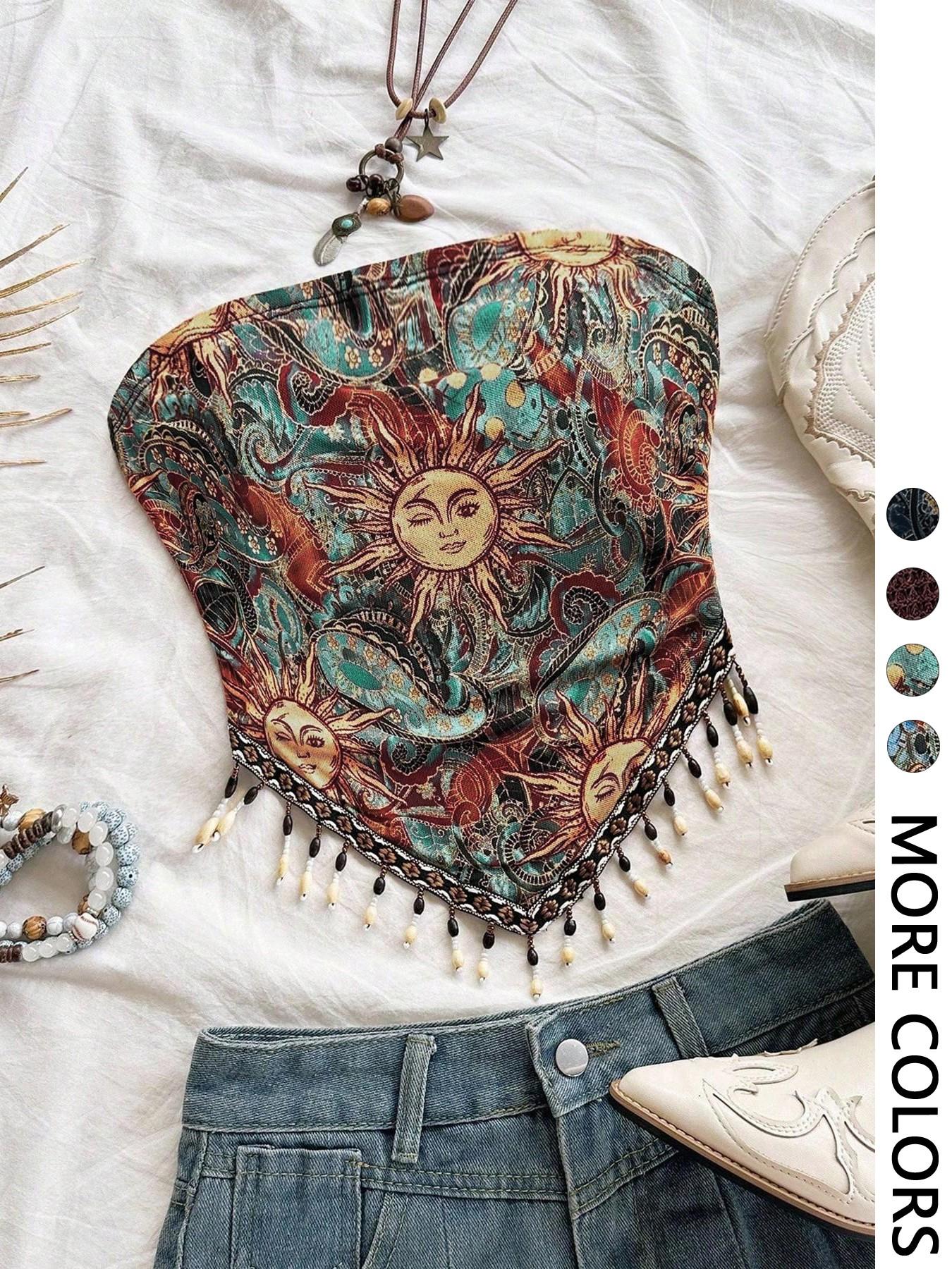 Ladies' 1pc Printed Mesh Knitt - Beaded Trim Fringe ulasan dan harga