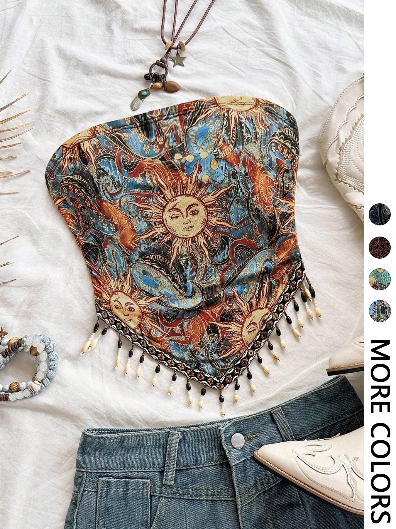 Ladies' 1pc Printed Mesh Knitt - Beaded Trim Fringe ulasan dan harga
