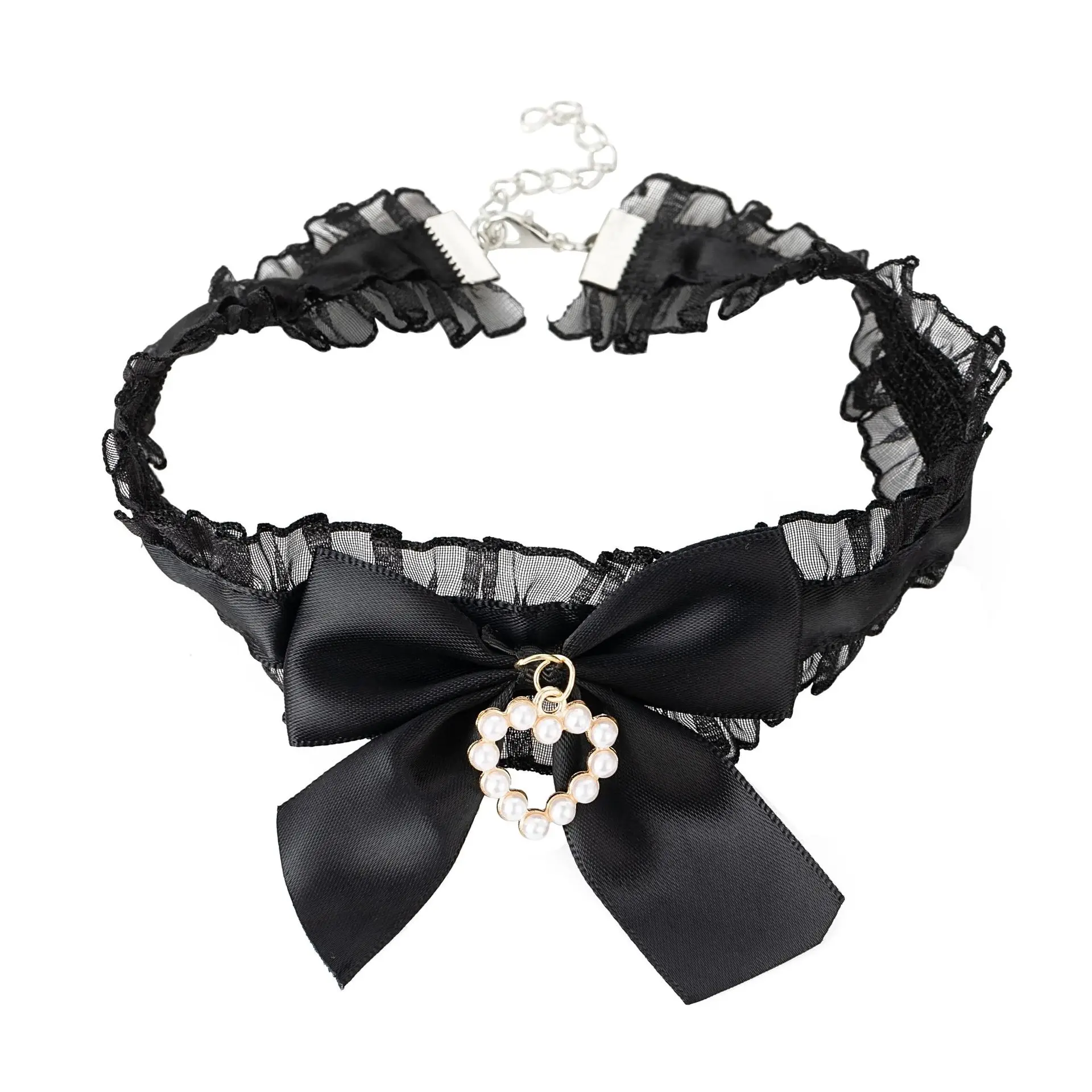 Sweet Satin Ribbon Choker Neck - Pearl Trim Chain ulasan dan harga
