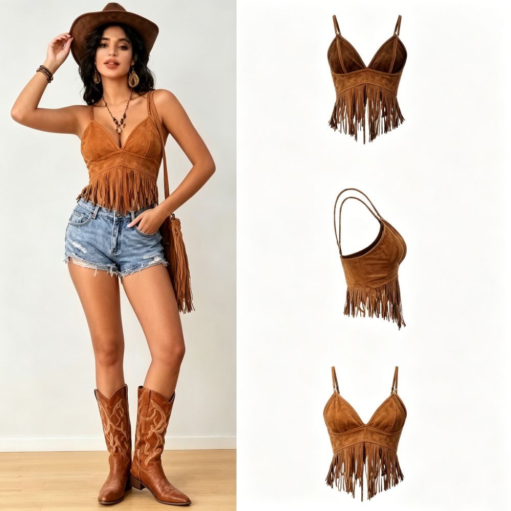 Vintage Faux Suede Women Crop  - Tassel Fringe Trim ulasan dan harga