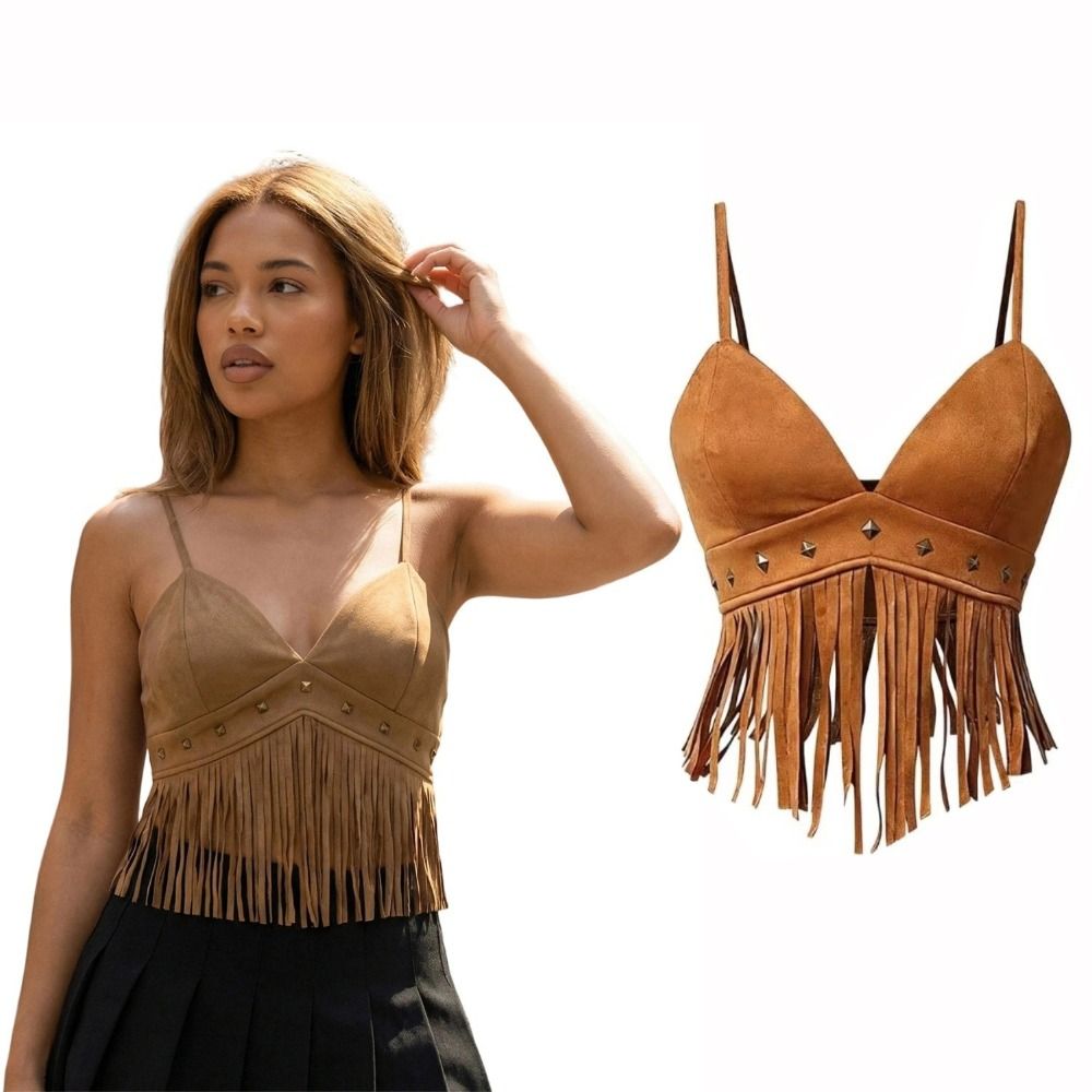 Vintage Faux Suede Women Crop  - Tassel Fringe Trim ulasan dan harga