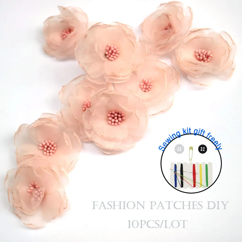 10pcs/lot Pink Green Chiffon F - Applique Patch Flower ulasan dan harga