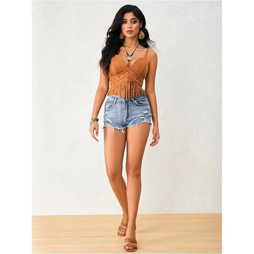 Vintage Faux Suede Women Crop  - Tassel Fringe Trim ulasan dan harga