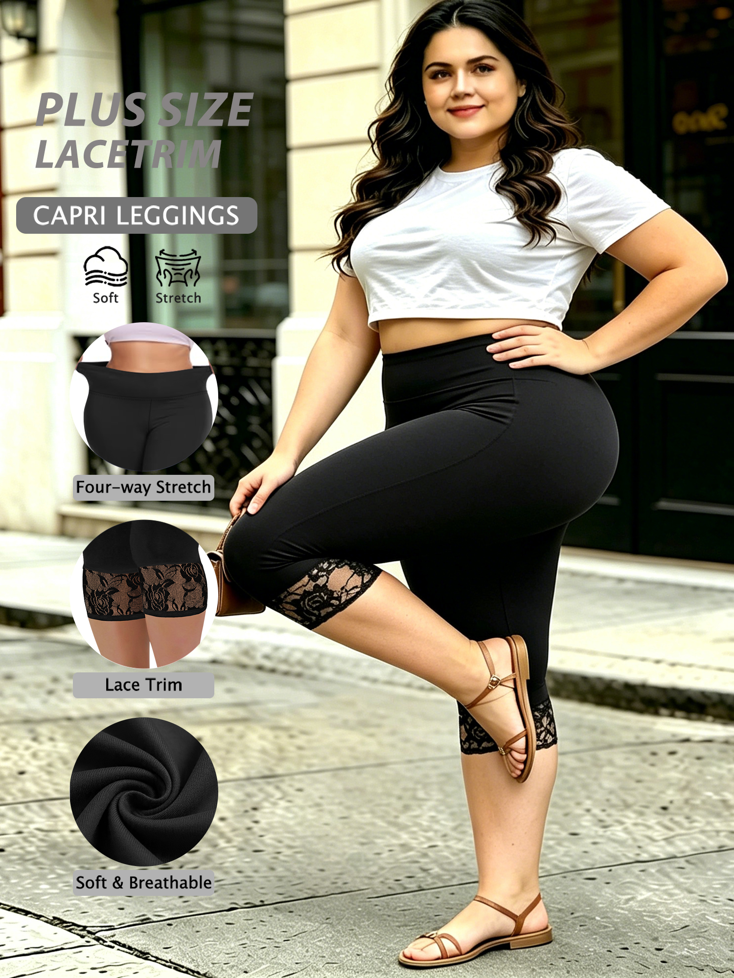 Capri Leggings Cropped Casual  - Elastic Lace Trim ulasan dan harga