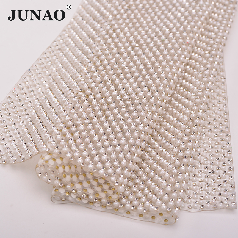 JUNAO 24*40cm Hotfix Pearl Rhi - Crystal Mesh Fabric ulasan dan harga