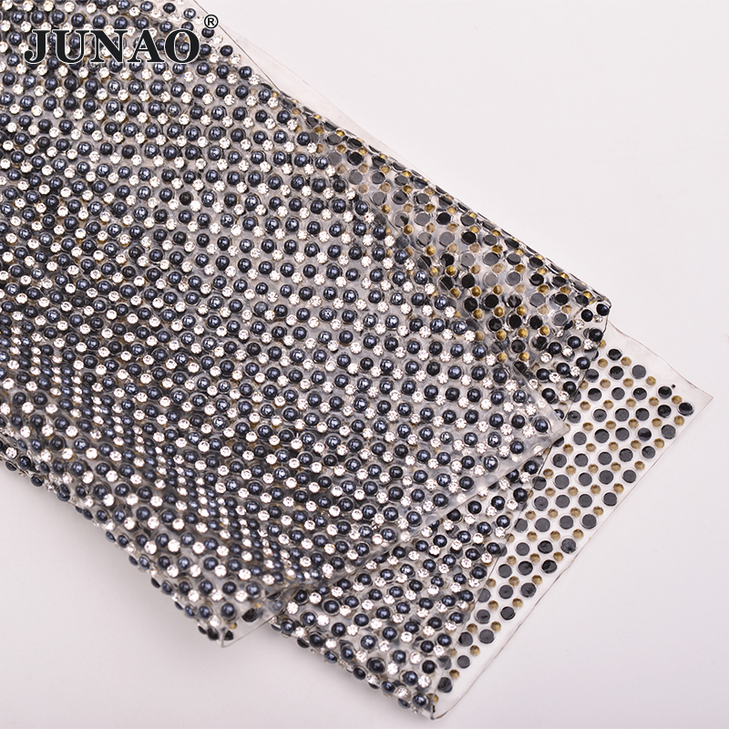 JUNAO 24*40cm Hotfix Pearl Rhi - Crystal Mesh Fabric ulasan dan harga