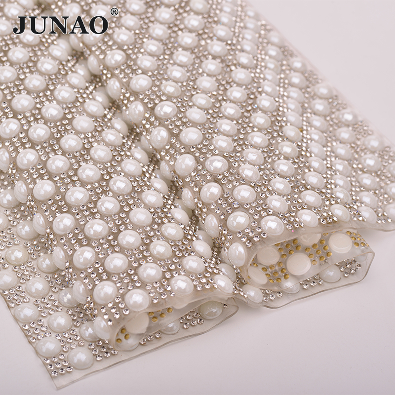JUNAO 24*40cm Hotfix Pearl Rhi - Crystal Mesh Fabric ulasan dan harga